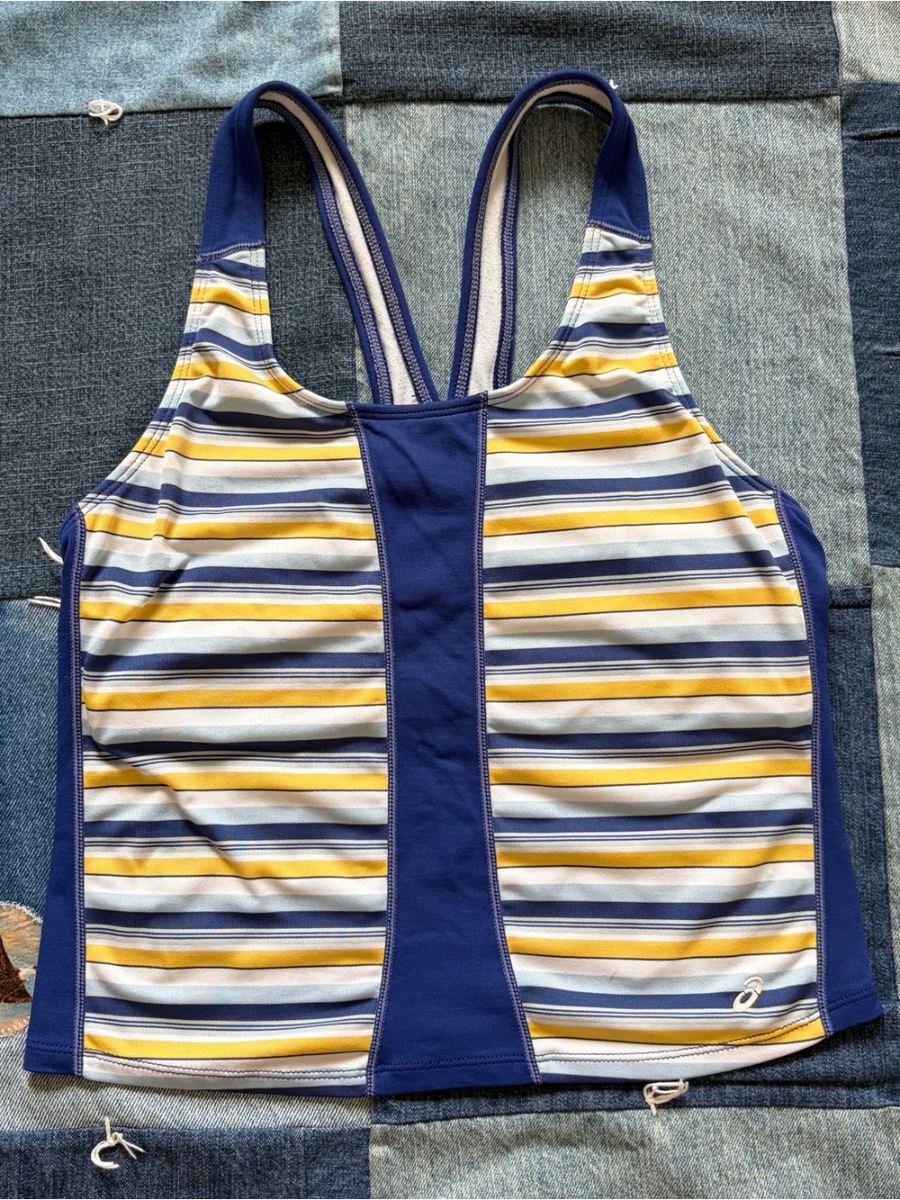 vintage asics striped tank top sporty workout athletic blue yellow usa size S